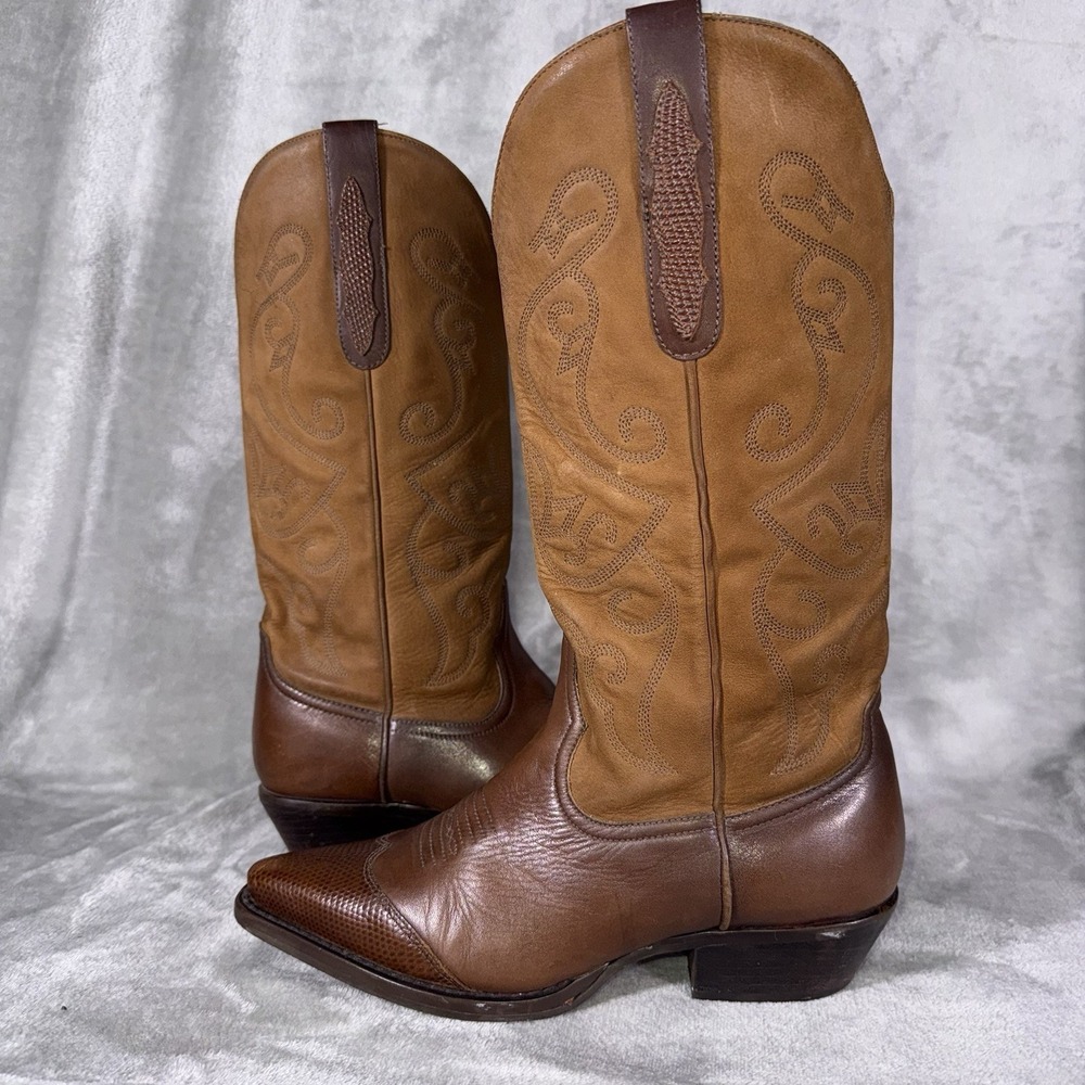 Nine West Brown Leather Cowboy Western Leather & Suede Cowgirl Cognac Boots 7.5M